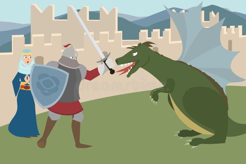 Knight fighting dragon, saving princess - funny vector cartoon of manly behavior. Knight fighting dragon, saving princess - funny vector cartoon of manly behavior