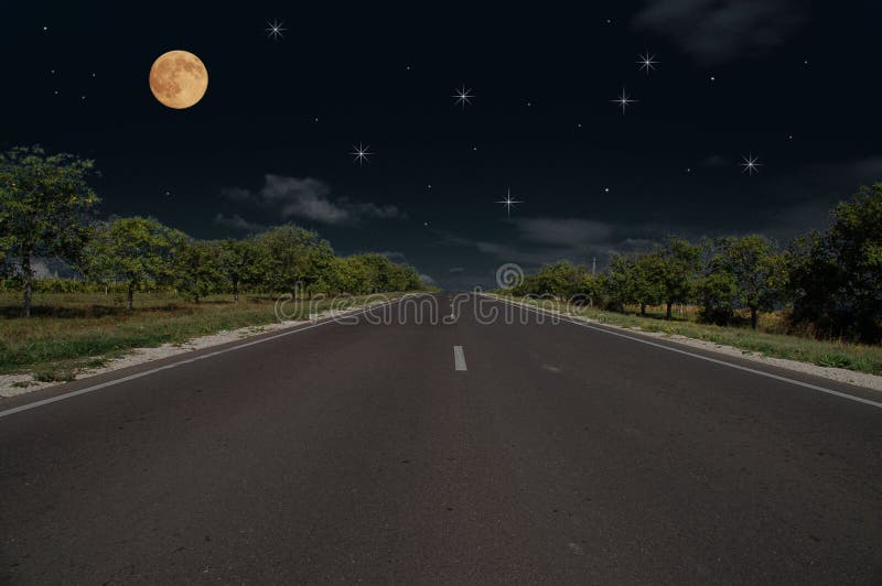 Night road and full moon. Night road and full moon