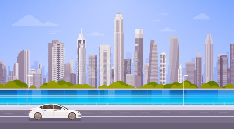 Δρόμος οδών Drive αυτοκινήτων πέρα από το πανόραμα οριζόντων υποβάθρου εικονικής παράστασης πόλης άποψης ουρανοξυστών πόλεων διανυσματική απεικόνιση Δρόμος οδών Drive αυτοκινήτων πέρα από το πανόραμα οριζόντων υποβάθρου εικονικής παράστασης πόλης άποψης ουρανοξυστών πόλεων διανυσματική απεικόνιση