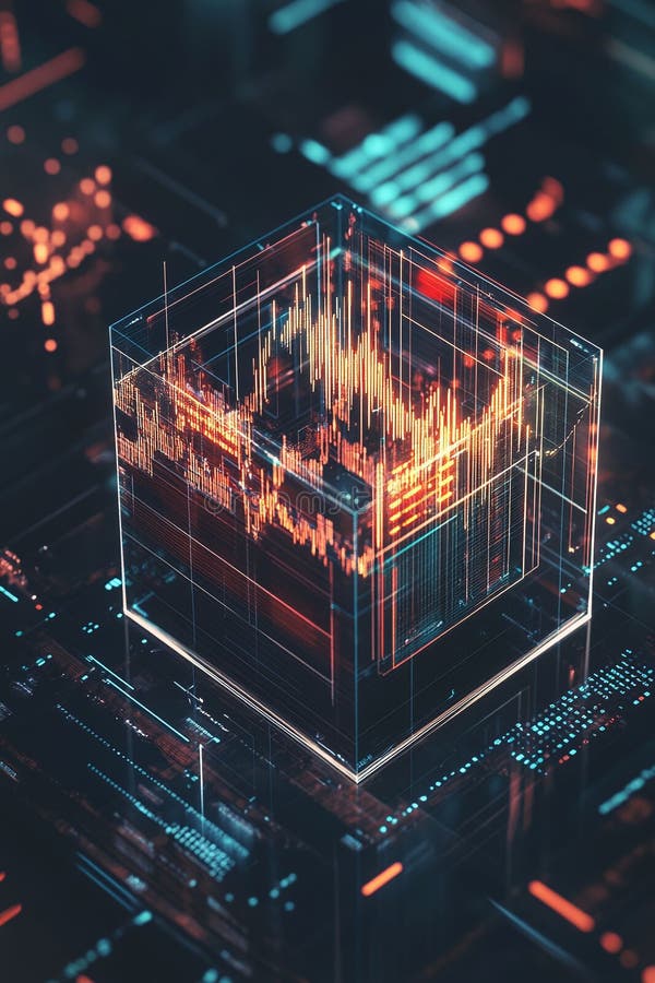 δυναμικό εικονίδιο fintech που αιωρείται σε ολογραφικό κύβο με διαφανή ψηφιακά γραφήματα. διανυσματική απεικόνιση