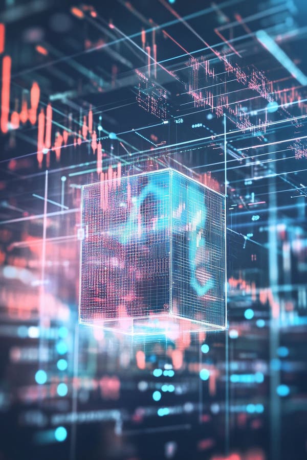 δυναμικό εικονίδιο fintech που αιωρείται σε ολογραφικό κύβο με διαφανή ψηφιακά γραφήματα. διανυσματική απεικόνιση