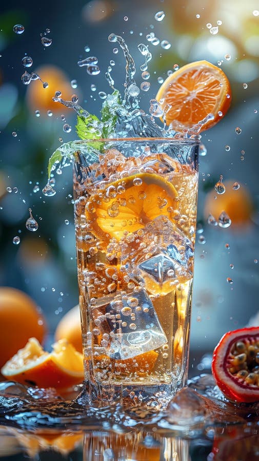 Dynamic iced tea with orange slices and mint, splashing in a glass, ideal for vibrant beverage advertising. With Generative AI technology. AI generated. Dynamic iced tea with orange slices and mint, splashing in a glass, ideal for vibrant beverage advertising. With Generative AI technology. AI generated