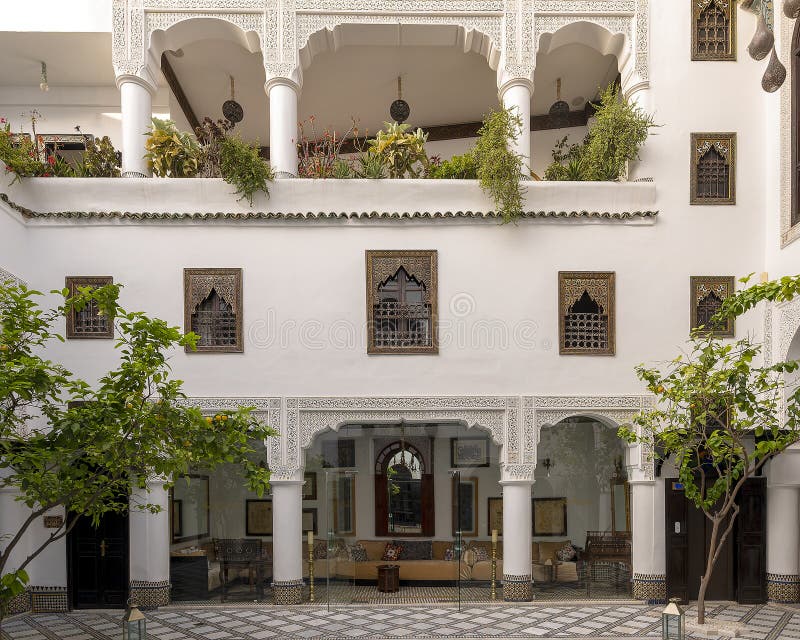 Pictured is the room for greeting guests on a courtyard at the Riad Maison Bleue, a luxury boutique hotel in Fes, Morocco. The Riad Maison Bleue was created in a house dating from the 19th century whose former owner, was the late Moulay Bel Arbi El Alaoui, famous judge and professor of theology. Today the luxury boutique hotel it is managed by the El Abbadi`s family. Pictured is the room for greeting guests on a courtyard at the Riad Maison Bleue, a luxury boutique hotel in Fes, Morocco. The Riad Maison Bleue was created in a house dating from the 19th century whose former owner, was the late Moulay Bel Arbi El Alaoui, famous judge and professor of theology. Today the luxury boutique hotel it is managed by the El Abbadi`s family.