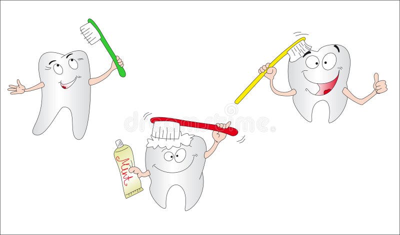 Happy three teeth with toothbrushes. Happy three teeth with toothbrushes