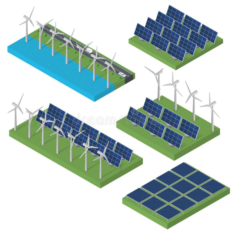 Wind turbine power. Isometric clean energy concept. Wind power. Blue Solar panels. Flat isometric. Modern alternative energy. Set of Ecological energy. Wind turbine power. Isometric clean energy concept. Wind power. Blue Solar panels. Flat isometric. Modern alternative energy. Set of Ecological energy.