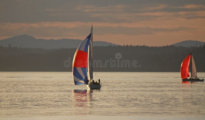 Δύο Sailboats που συναγωνίζονται στη γραμμή τερματισμού στον ήχο Puget στοκ εικόνες Δύο Sailboats που συναγωνίζονται στη γραμμή τερματισμού στον ήχο Puget στοκ εικόνες