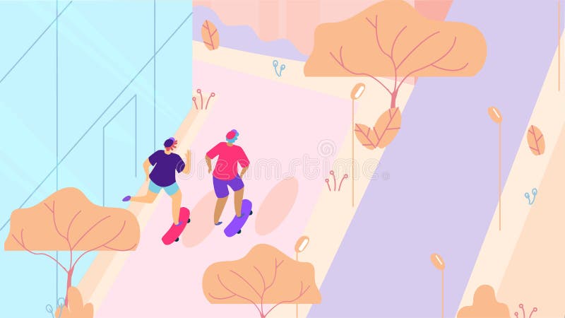 Δύο Skateboarders που περπατούν στα κινούμενα σχέδια οδών πόλεων ελεύθερη απεικόνιση δικαιώματος Δύο Skateboarders που περπατούν στα κινούμενα σχέδια οδών πόλεων ελεύθερη απεικόνιση δικαιώματος