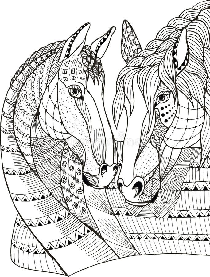 Δύο άλογα που παρουσιάζουν αγάπη, zentangle τυποποιημένος, διάνυσμα ελεύθερη απεικόνιση δικαιώματος