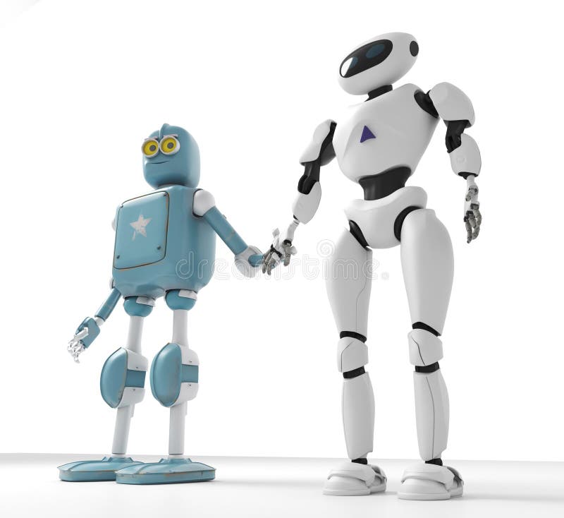 Δύο γενεές των ρομπότ που κρατούν τα χέρια με ένα -άσπρο backgro