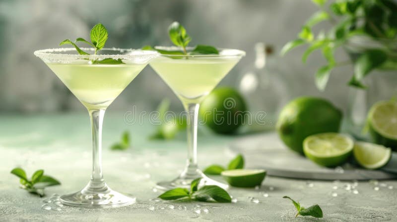 Two martini glasses filled to the brim with refreshing limeade and garnished with fresh mint leaves. AI generated. Two martini glasses filled to the brim with refreshing limeade and garnished with fresh mint leaves. AI generated