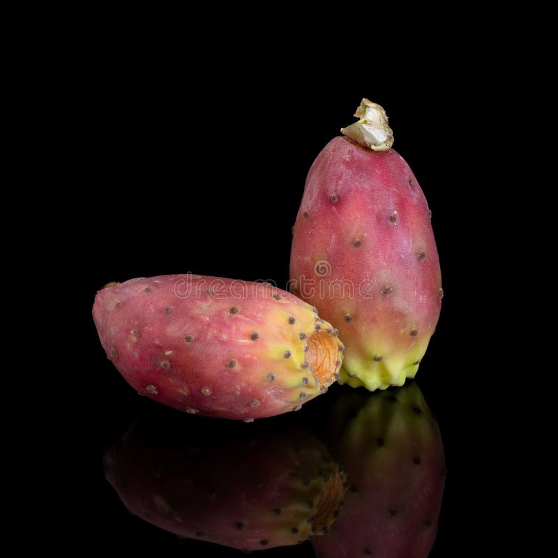 Δύο ινδικά σύκα Βαρβαρίας aka, Opuntia ficus-Indica στο μαύρο υπόβαθρο Τραχύ αχλάδι Aka, φρούτα τόνου Τετραγωνική συγκομιδή στοκ φωτογραφία με δικαίωμα ελεύθερης χρήσης