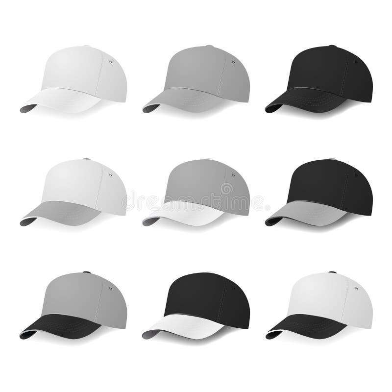 Two-color baseball caps in half-turn with white, gray and black colors. Vector EPS10 illustration. Two-color baseball caps in half-turn with white, gray and black colors. Vector EPS10 illustration.