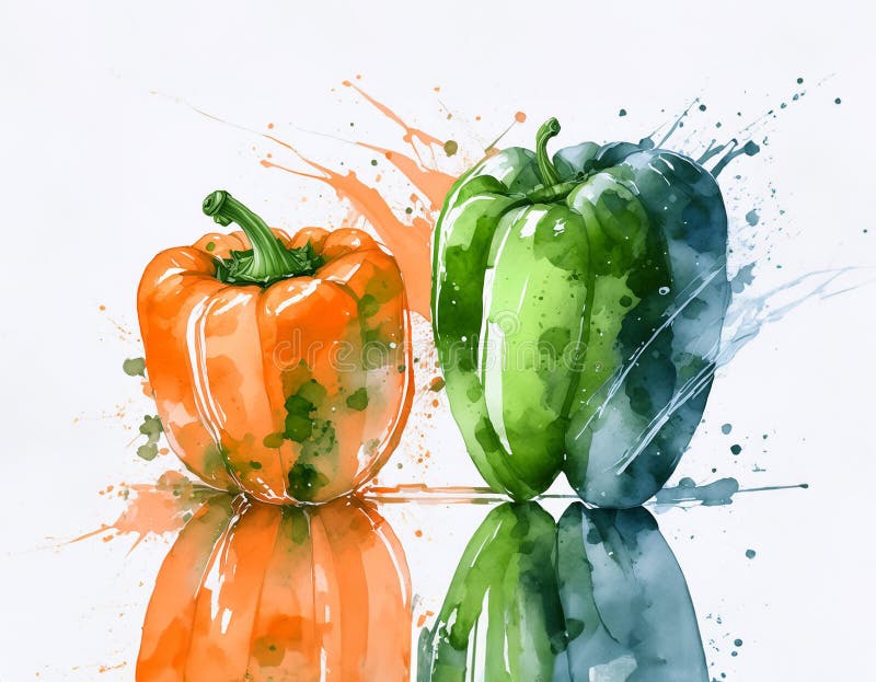 Two bell peppers, one a vivid mix of green, yellow, and orange, the other a bright orange, both set against a splash of abstract paint. Generative Ai. Two bell peppers, one a vivid mix of green, yellow, and orange, the other a bright orange, both set against a splash of abstract paint. Generative Ai