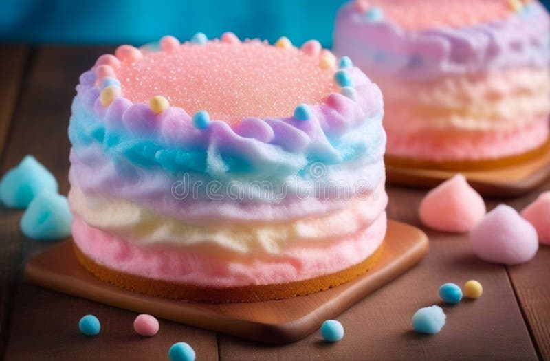 2 colorful pastel cotton candy cakes decorated with round candies and teardrop-shaped cotton candy elements. sweet delights, pastel desserts, rainbow cakes collection, colorful baking AI generated. 2 colorful pastel cotton candy cakes decorated with round candies and teardrop-shaped cotton candy elements. sweet delights, pastel desserts, rainbow cakes collection, colorful baking AI generated