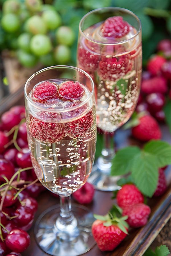 Two glasses of sparkling berry infused cocktails with fresh fruit around AI generated. Two glasses of sparkling berry infused cocktails with fresh fruit around AI generated