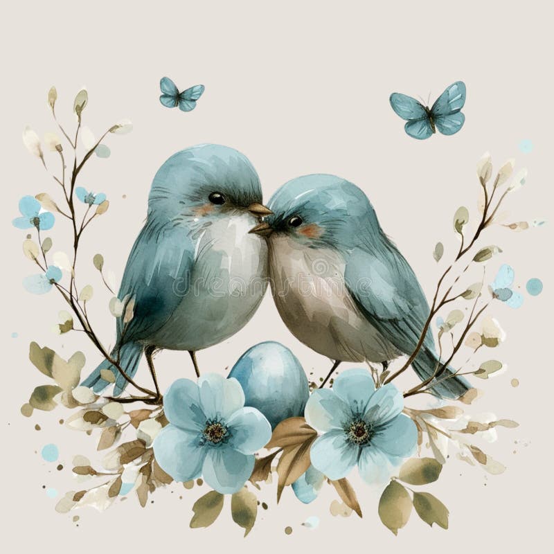 two birds sitting on a flowering branch, butterfly, egg, spring, light background, blue tones. two birds sitting on a flowering branch, butterfly, egg, spring, light background, blue tones