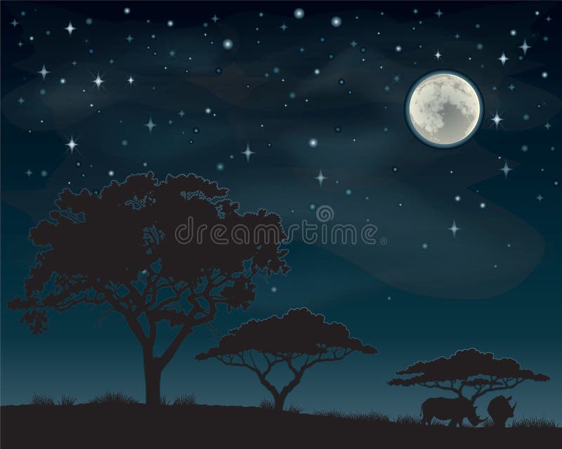 Two rhinos standing under Acacia trees silhouetted against a starry African sky. Two rhinos standing under Acacia trees silhouetted against a starry African sky