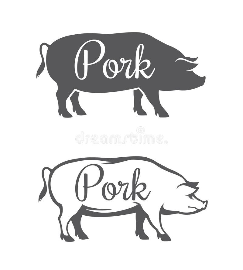 Black pig silhouette and outline illustration for pork meat or butcher shop isolated on white background. Black pig silhouette and outline illustration for pork meat or butcher shop isolated on white background