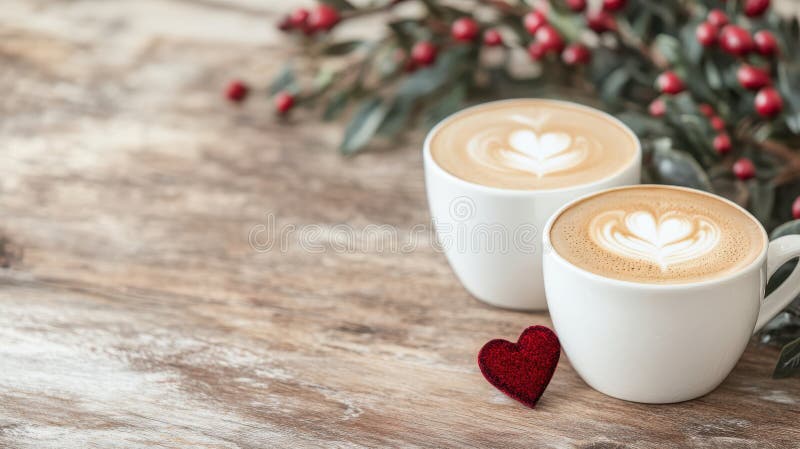 δύο φλιτζάνια καφέ με καρδιακό σχήμα latart περικυκλωμένα από εορταστικό πράσινο και κόκκινη αισθητική καρδιά που δημιουργεί ζεστή απεικόνιση αποθεμάτων