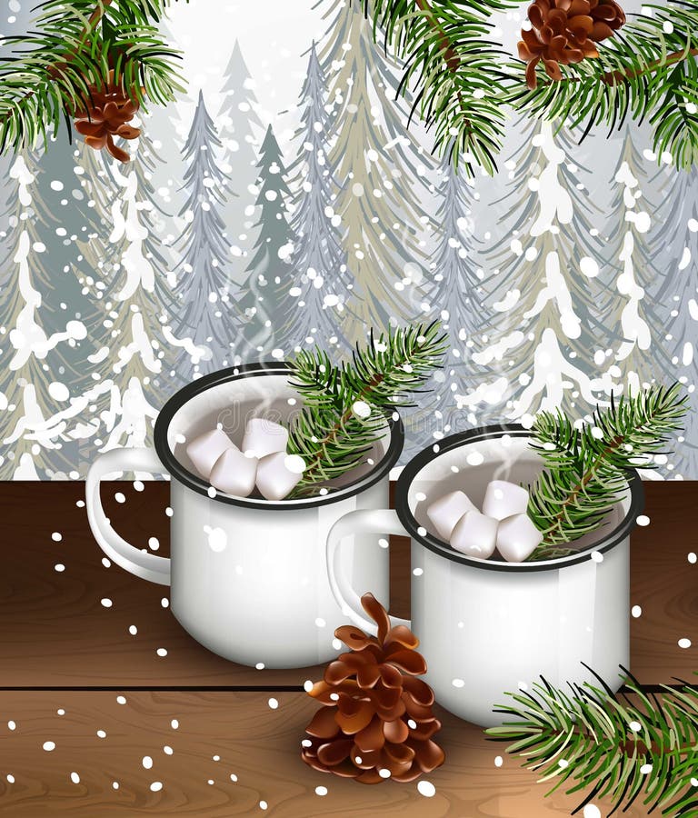 Two cups with hot cocoa and marshmallows drink with fir trees background. Winter forest and snow Vector illustration. Two cups with hot cocoa and marshmallows drink with fir trees background. Winter forest and snow Vector illustration