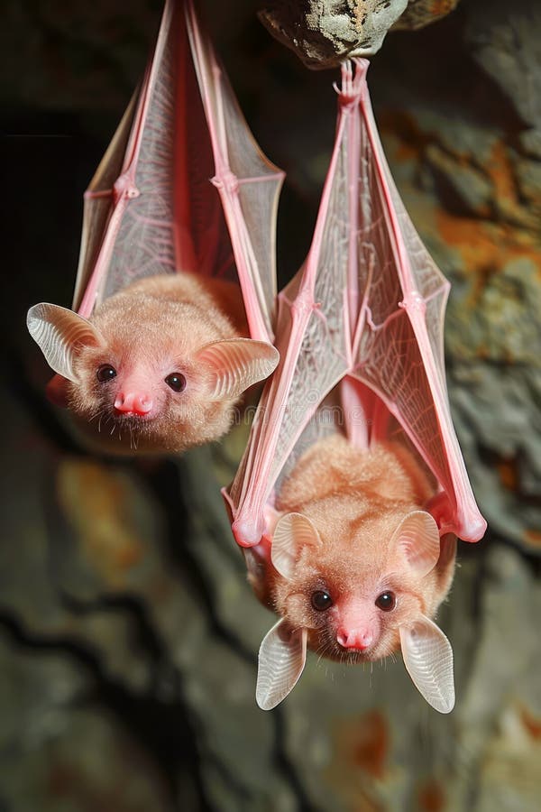 Two Cute Fruit Bats Hanging Upside Down on a Dark Cave Background, Reflecting Natural Bat Habitat and Behavior AI Generative. Two Cute Fruit Bats Hanging Upside Down on a Dark Cave Background, Reflecting Natural Bat Habitat and Behavior AI Generative