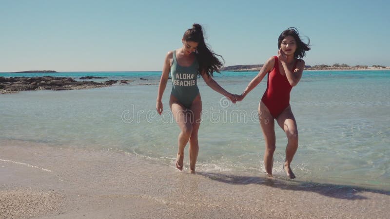 Δύο όμορφα νεαρά κορίτσια στην παραλία Λεσβία, λοατ, γκέι, φιλία, ταξίδι, ιδέα σχέσης Τρόπος ζωής απόθεμα βίντεο