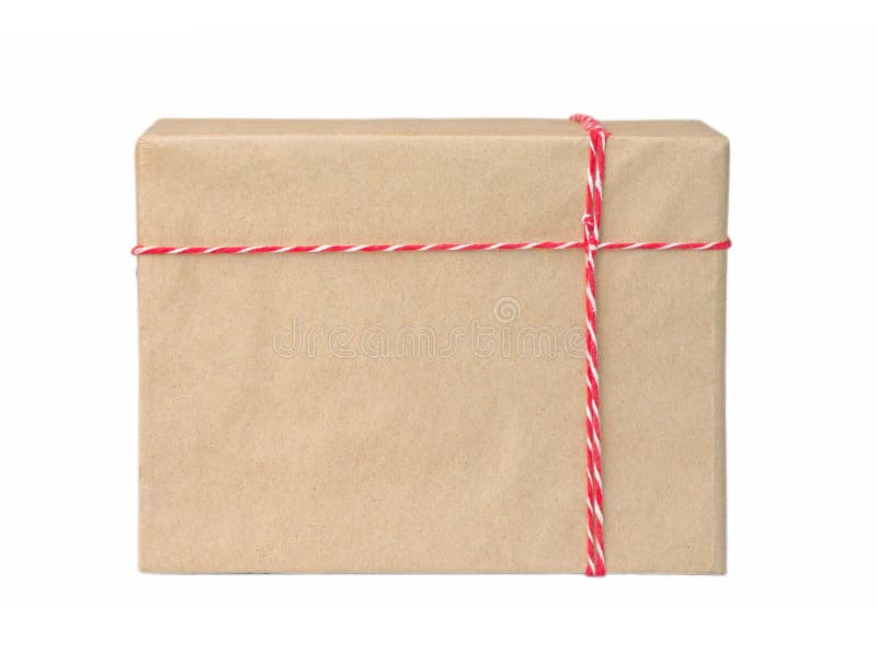 Gift box wrapped in brown recycled paper with red and white rope. Present, packaging. Holiday wallpaper. Gift box wrapped in brown recycled paper with red and white rope. Present, packaging. Holiday wallpaper