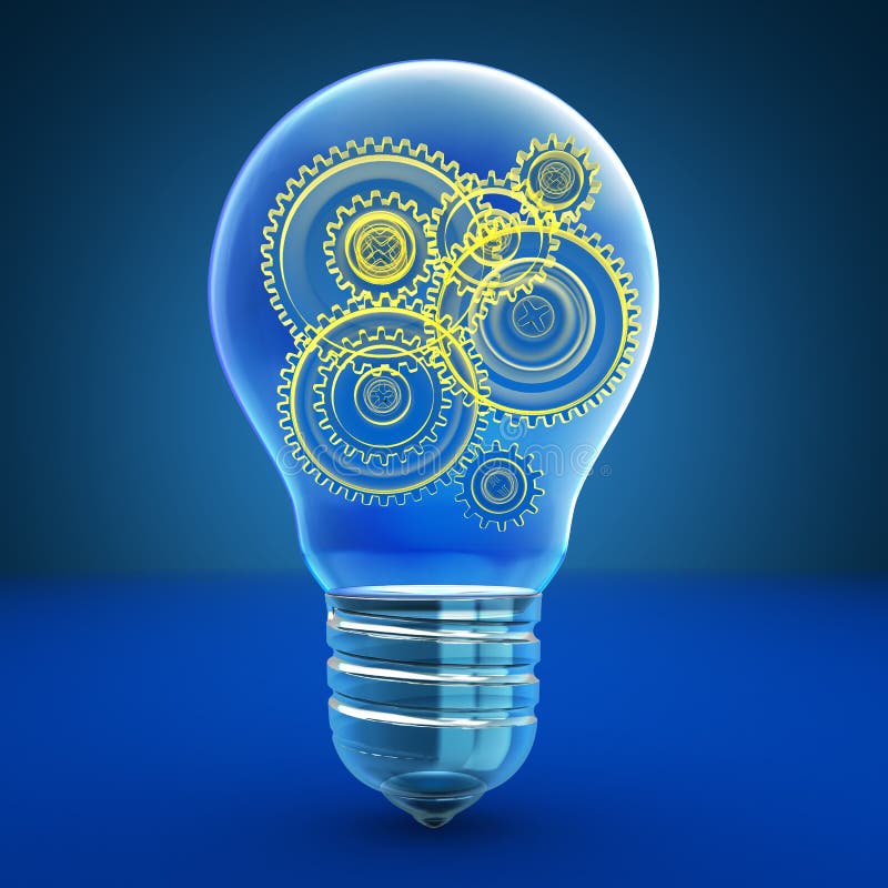 3d illustration of light bulb with gear wheels inside, yellow glowing. 3d illustration of light bulb with gear wheels inside, yellow glowing