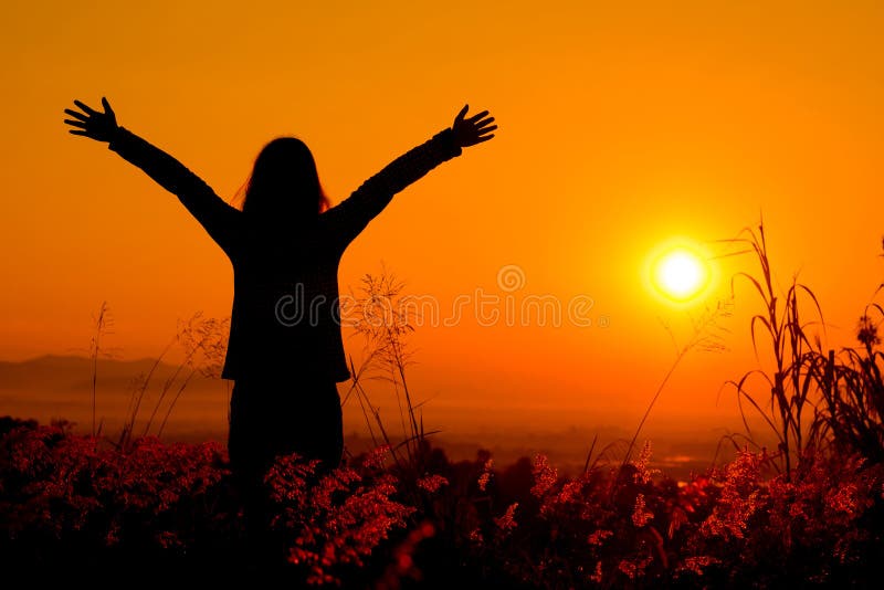 Ελεύθερη ευτυχής γυναίκα που απολαμβάνει το ηλιοβασίλεμα φύσης Ελευθερία, ευτυχία