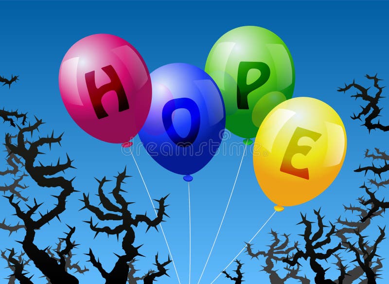 Four balloons, which are labeled with the word HOPE, are threatened by thorns. Four balloons, which are labeled with the word HOPE, are threatened by thorns.