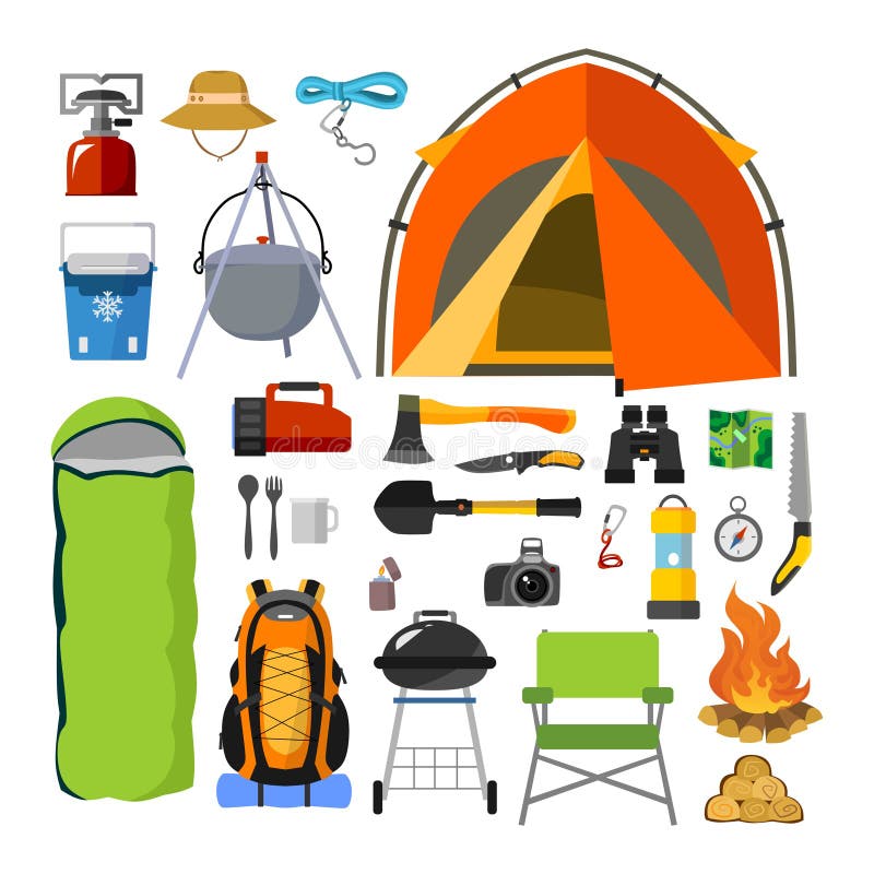 Camping supplies, tools and equipment set vector illustration. Collection consists of tent, sleeping bag, travel backpack, cauldron, cable and others. Travelling concept. Camping supplies, tools and equipment set vector illustration. Collection consists of tent, sleeping bag, travel backpack, cauldron, cable and others. Travelling concept