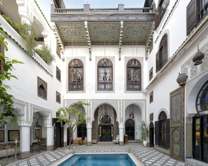 Pictured is the entrance to a room in the courtyard with pool at the Riad Maison Bleue in in Fes, Morocco. Riad Maison Bleue was created in a house dating from the 19th century whose former owner, was the late Moulay Bel Arbi El Alaoui, famous judge and professor of theology.  Today it is managed by the El Abbadi`s family. Pictured is the entrance to a room in the courtyard with pool at the Riad Maison Bleue in in Fes, Morocco. Riad Maison Bleue was created in a house dating from the 19th century whose former owner, was the late Moulay Bel Arbi El Alaoui, famous judge and professor of theology.  Today it is managed by the El Abbadi`s family.