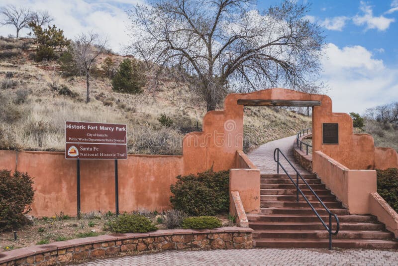 April 3, 2019: Santa Fe, New Mexico, USA: Entrance to the Historic Fort Marcy Park, near downtown Santa Fe. April 3, 2019: Santa Fe, New Mexico, USA: Entrance to the Historic Fort Marcy Park, near downtown Santa Fe