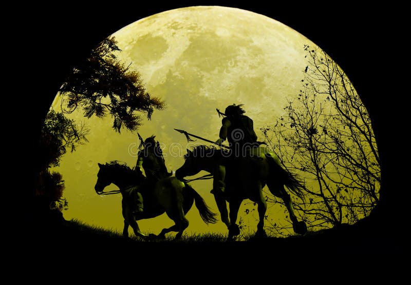 American natives riding their horses, by fields, under the rising Moon. American natives riding their horses, by fields, under the rising Moon.