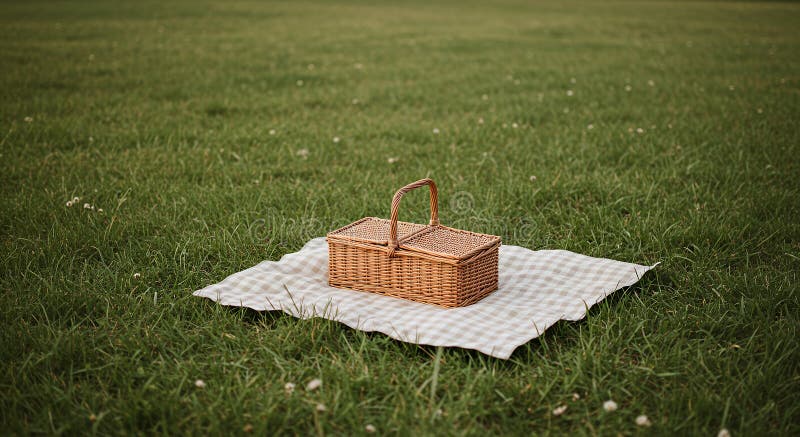 Εγκατάσταση idyllic picnic με καλάθι λυγαριάς σε καρέ πανί σε κατακόρυφο πεδίο ελεύθερη απεικόνιση δικαιώματος