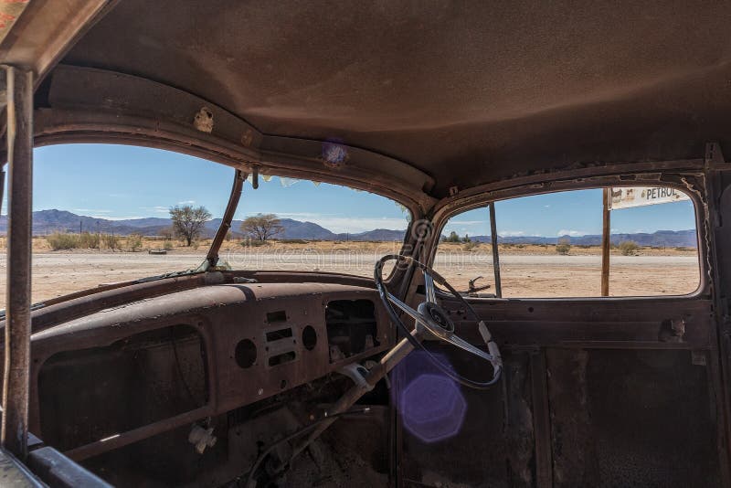 Abandoned old car interior in Namibia desert. place known as solitaire. Africa. Abandoned old car interior in Namibia desert. place known as solitaire. Africa