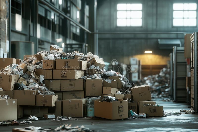 εγκαταλελειμμένη αποθήκη με δεμένα χαρτοκιβώτια και φωτογραφία ελεύθερη απεικόνιση δικαιώματος