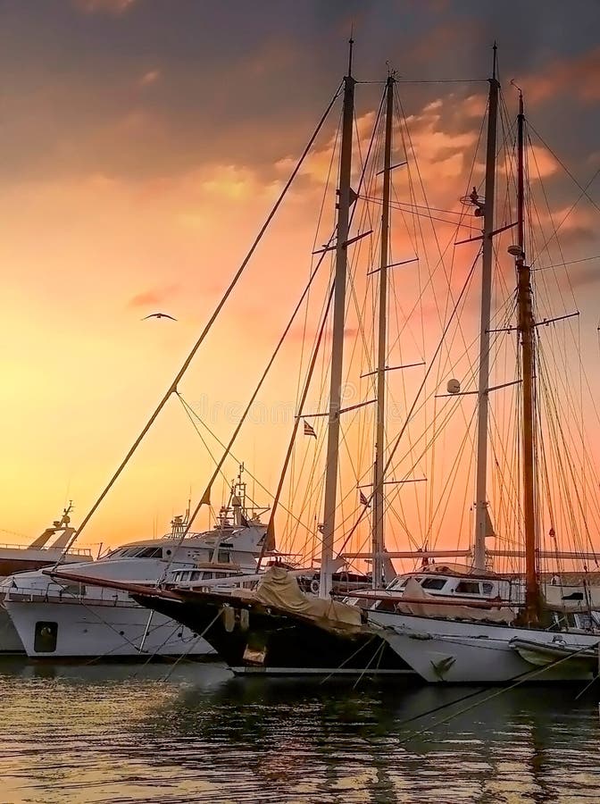 Ειδυλλιακό ηλιοβασίλεμα στη μαρίνα Zeas με seagull επάνω από τα γιοτ στοκ φωτογραφίες Ειδυλλιακό ηλιοβασίλεμα στη μαρίνα Zeas με seagull επάνω από τα γιοτ στοκ φωτογραφίες