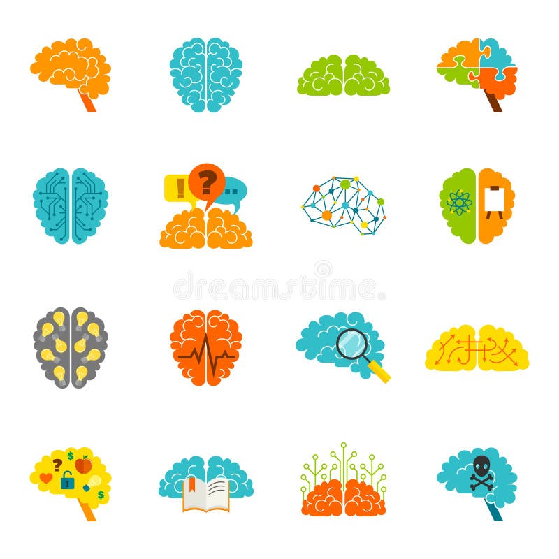 Human brain thinking intelligence memory strategy colored icons flat set isolated vector illustration. Human brain thinking intelligence memory strategy colored icons flat set isolated vector illustration