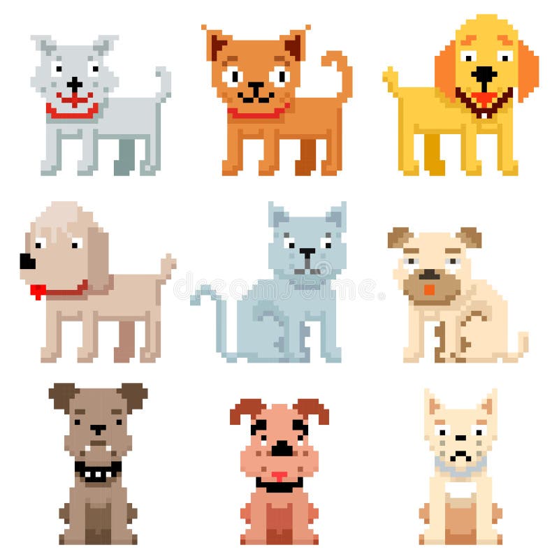 Pixel art pets icons. 8 bit dogs and cats vector. Pets cat and dog in pixel art, illustration breed pets. Pixel art pets icons. 8 bit dogs and cats vector. Pets cat and dog in pixel art, illustration breed pets