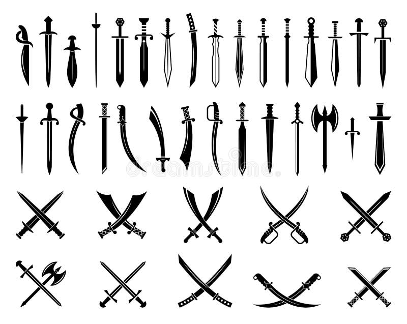 Sword icons set. Ancient crossed swords pictograms. Vector weapon military for battle illustration. Sword icons set. Ancient crossed swords pictograms. Vector weapon military for battle illustration