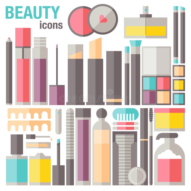 Flat icons set of common different cosmetic, makeup object, skin care and other professional products and accessories for female beauty. Modern design style vector print illustration concept. Flat icons set of common different cosmetic, makeup object, skin care and other professional products and accessories for female beauty. Modern design style vector print illustration concept.