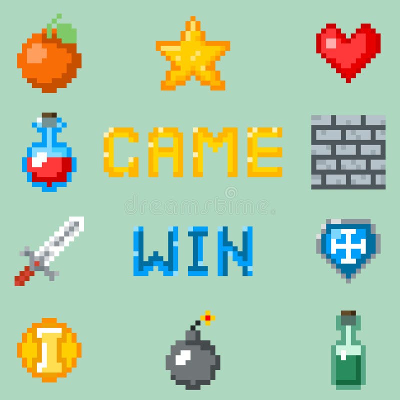 Pixel games icons for web, app or video game interface. Object for game heart bottle and fruit, set of gaming pixel objects. Vector illustration. Pixel games icons for web, app or video game interface. Object for game heart bottle and fruit, set of gaming pixel objects. Vector illustration