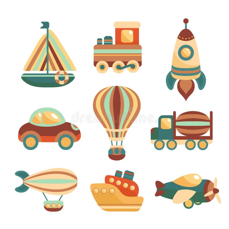 Toy transport colored cartoon icons set with yacht train space rocket isolated vector illustration. Toy transport colored cartoon icons set with yacht train space rocket isolated vector illustration