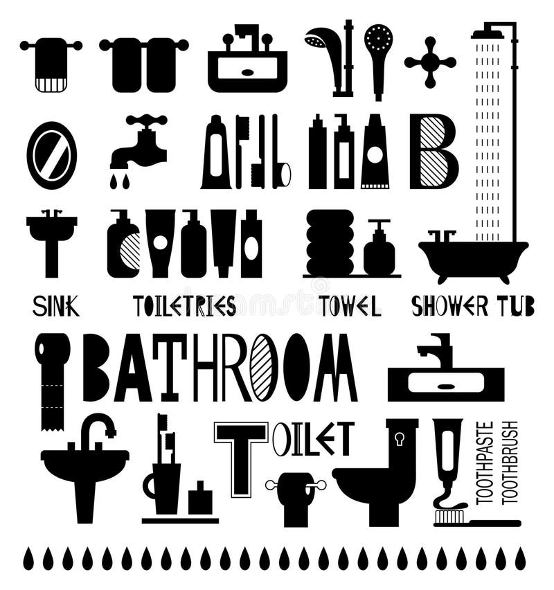 Pattern of silhouette pattern with bathroom and toiletries in black and white. Pattern of silhouette pattern with bathroom and toiletries in black and white.