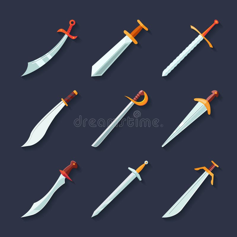 Swords knives daggers sharp blades flat icon set isolated vector illustration. Swords knives daggers sharp blades flat icon set isolated vector illustration