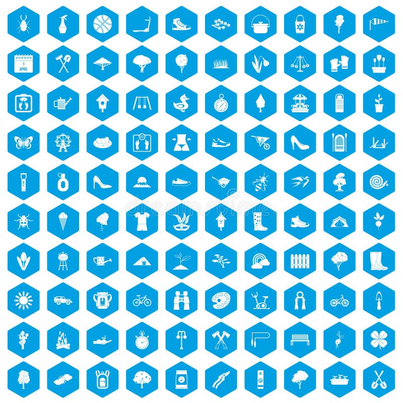 100 spring icons set in blue hexagon isolated vector illustration. 100 spring icons set in blue hexagon isolated vector illustration