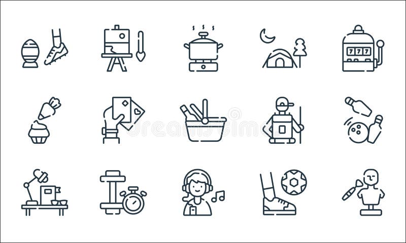 free time line icons. linear set. quality vector line set such as sculpt, listen, study, play, dumbbell, baking, hiking, camping tent, painting. free time line icons. linear set. quality vector line set such as sculpt, listen, study, play, dumbbell, baking, hiking, camping tent, painting