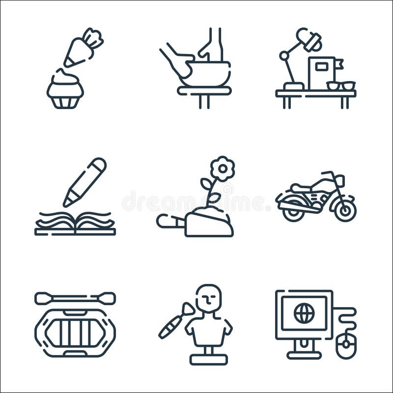 free time line icons. linear set. quality vector line set such as surf, sculpt, rafting, motorcycle, gardening, writing, study, pottery. free time line icons. linear set. quality vector line set such as surf, sculpt, rafting, motorcycle, gardening, writing, study, pottery