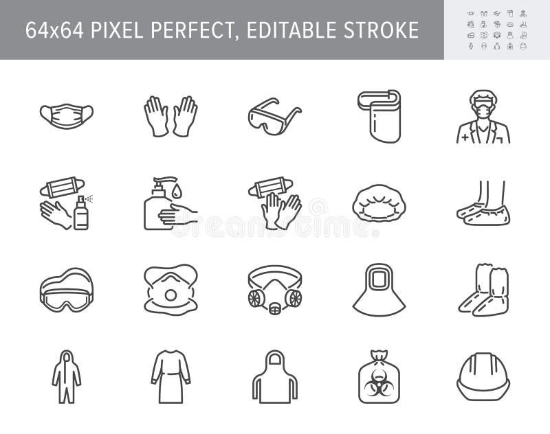 Medical PPE line icons. Vector illustration included icon as face mask, gloves, doctor gown, hair cover, biohazard waste, outline pictogram of protective equipment. 64x64 Pixel Perfect Editable Stroke. Medical PPE line icons. Vector illustration included icon as face mask, gloves, doctor gown, hair cover, biohazard waste, outline pictogram of protective equipment. 64x64 Pixel Perfect Editable Stroke